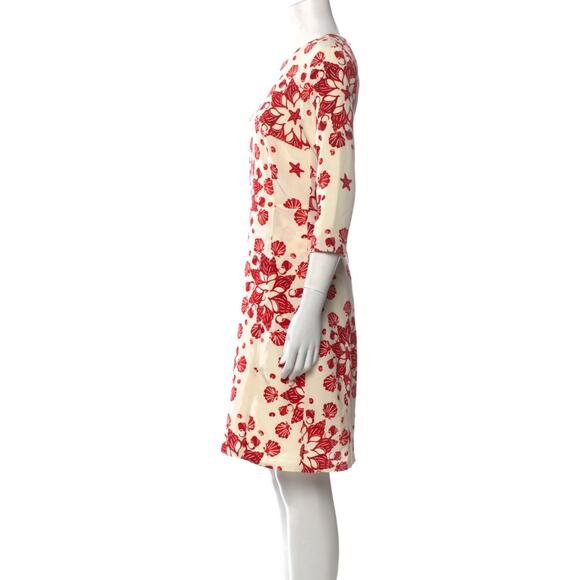 Samantha Sung Red & Ivory 100% Silk Printed Midi Dress with 3/4 Sleeves Size 2 - Picture 2 of 11